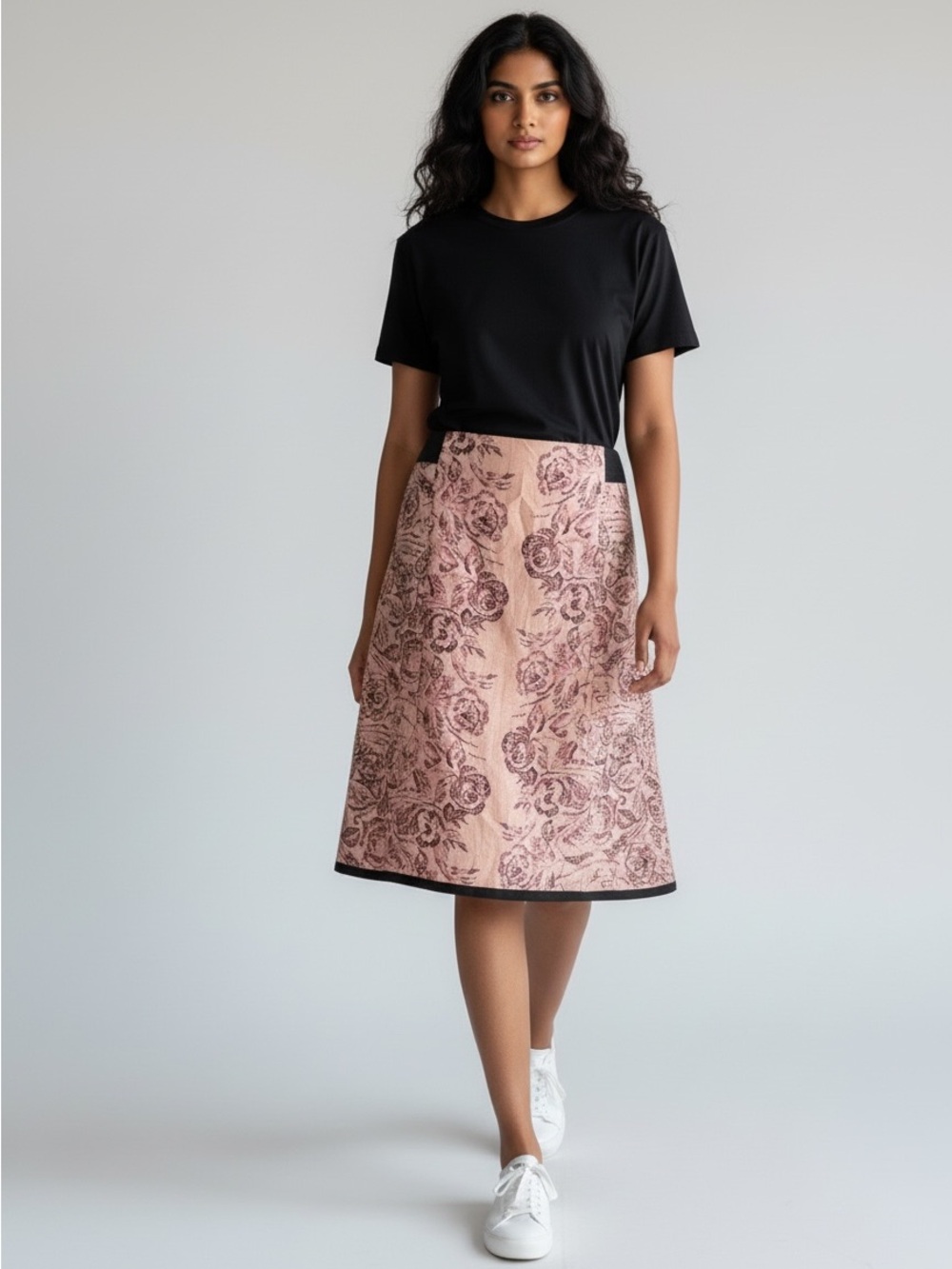 Tracy Reese Pink Floral knee length Skirt with Black Trim